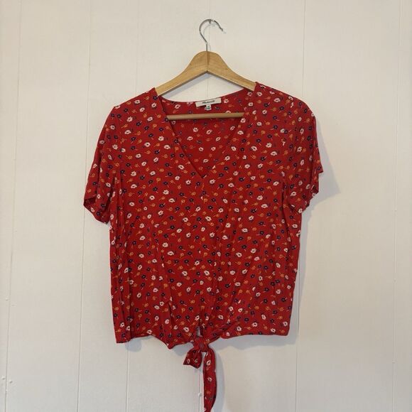 Madewell Novel Tie-Front Top in Prairie Posies Red Short Sleeve V-Neck Size XS - Picture 4 of 13